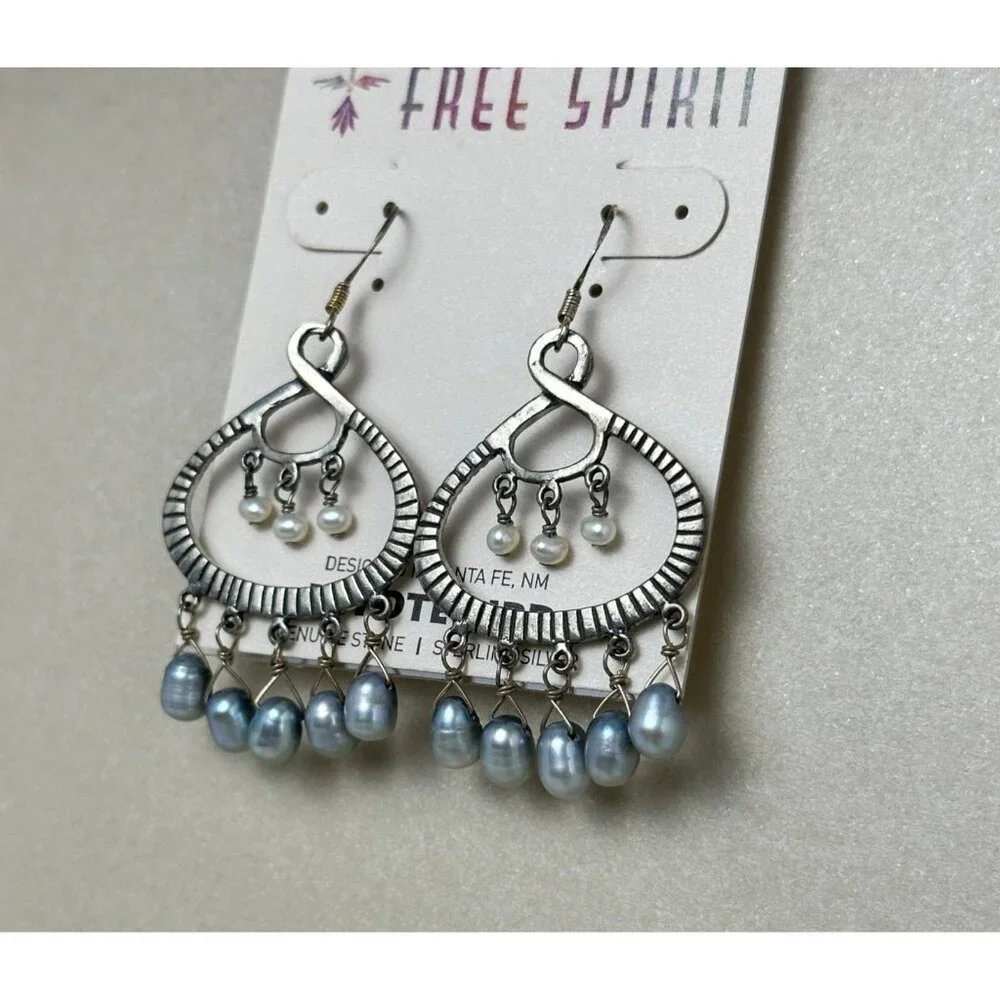 Signed Peyote Bird Boho Chandelier Earrings Oxidized Silver Pearl Drops NWT - Picture 10 of 12